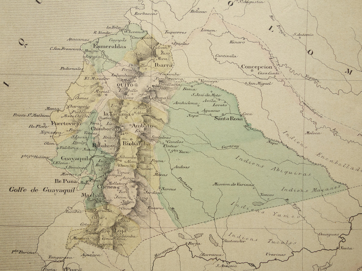 ECUADOR oude kaart uit 1896 originele antieke Franse handgekleurde landkaart Ecuador