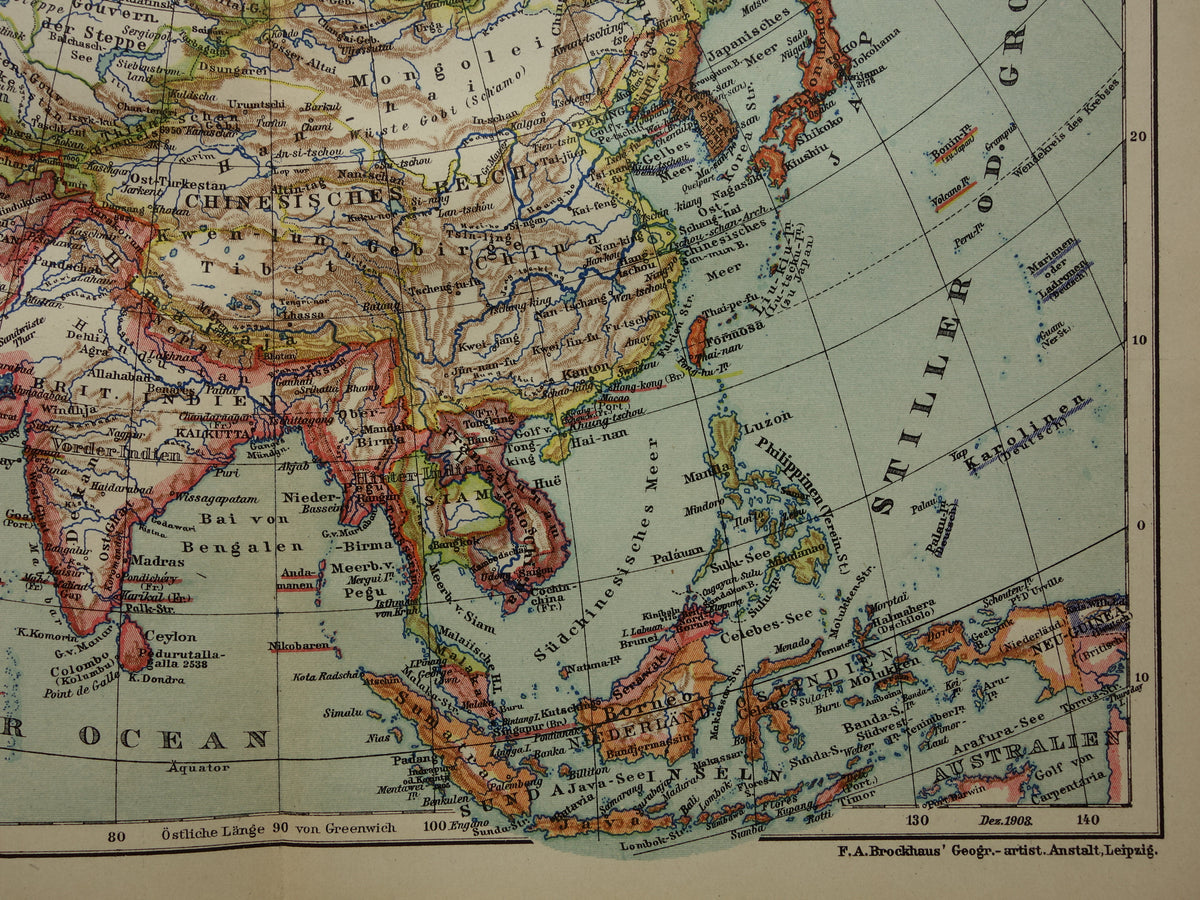 ASIA old maps of Asia from 1909 set of 2 original antique German maps Political map and elevation map