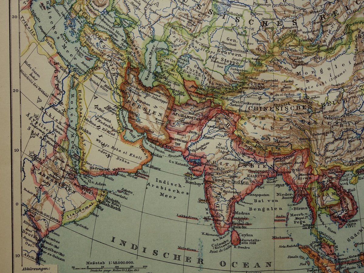 ASIA old maps of Asia from 1909 set of 2 original antique German maps Political map and elevation map