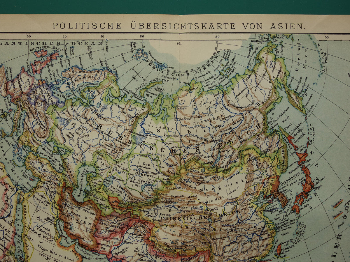 ASIA old maps of Asia from 1909 set of 2 original antique German maps Political map and elevation map