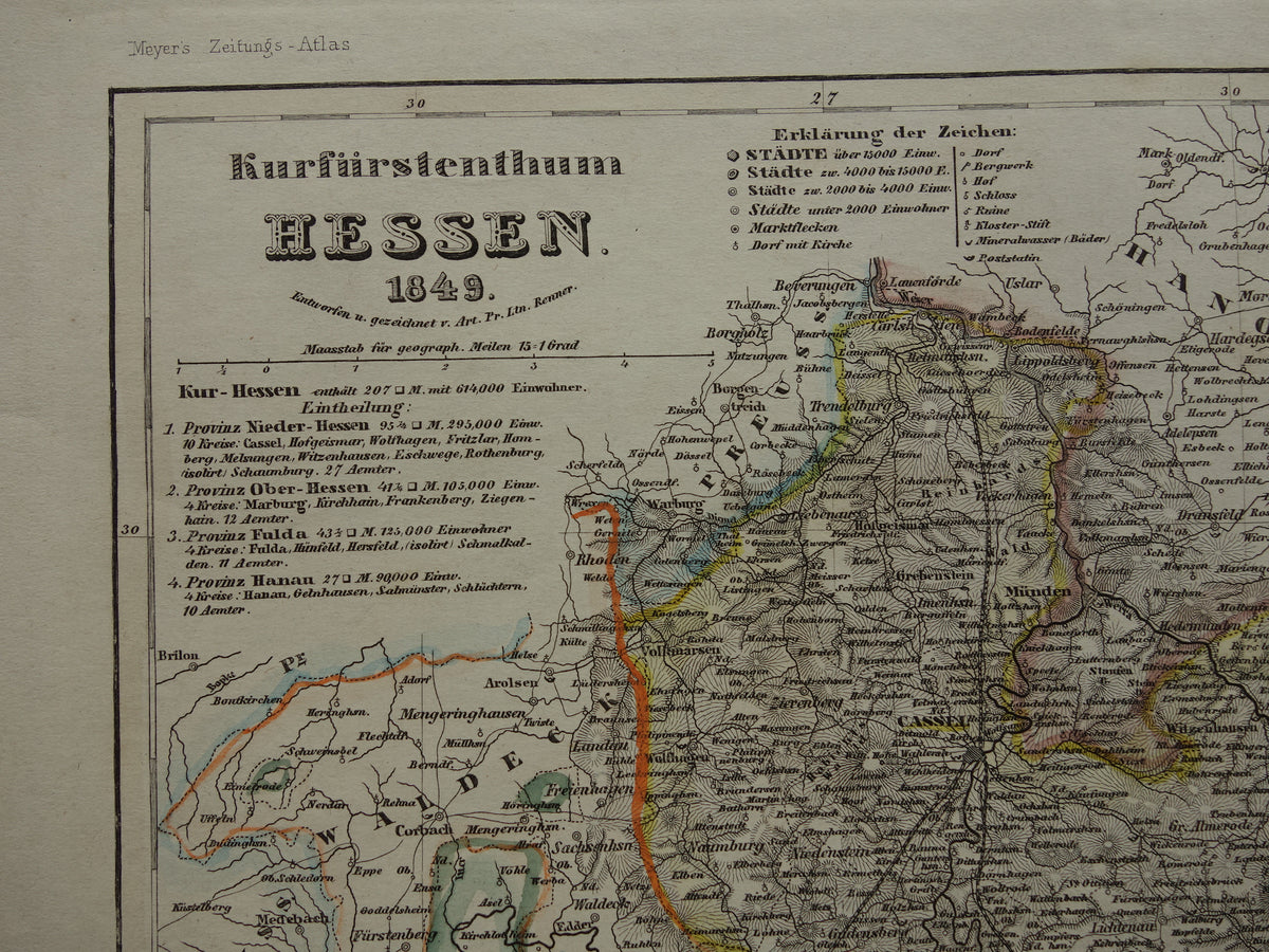 HESSEN Germany old map from 1849 - original antique map Germany - vintage historical maps Kassel