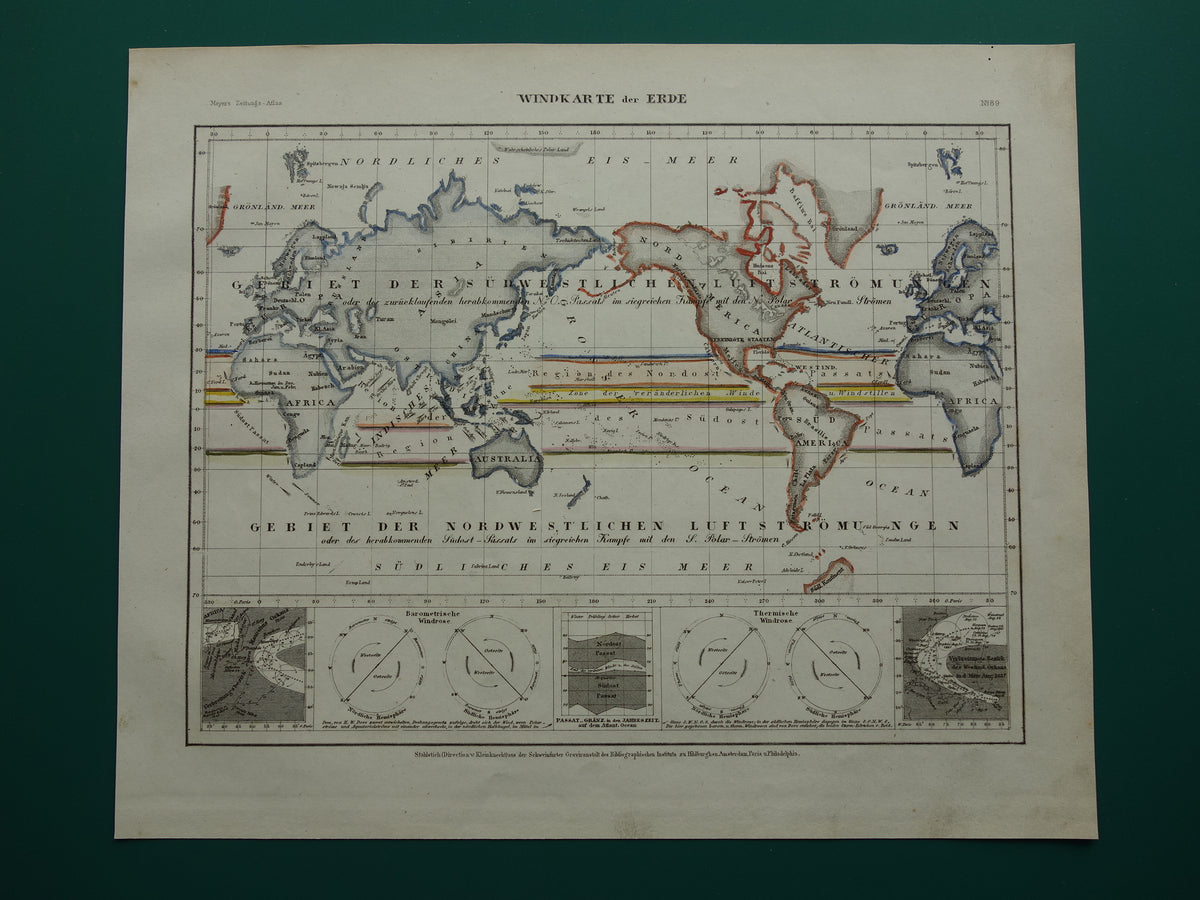 Historical world map air currents 1850 original antique map meteorology wind wind direction map world