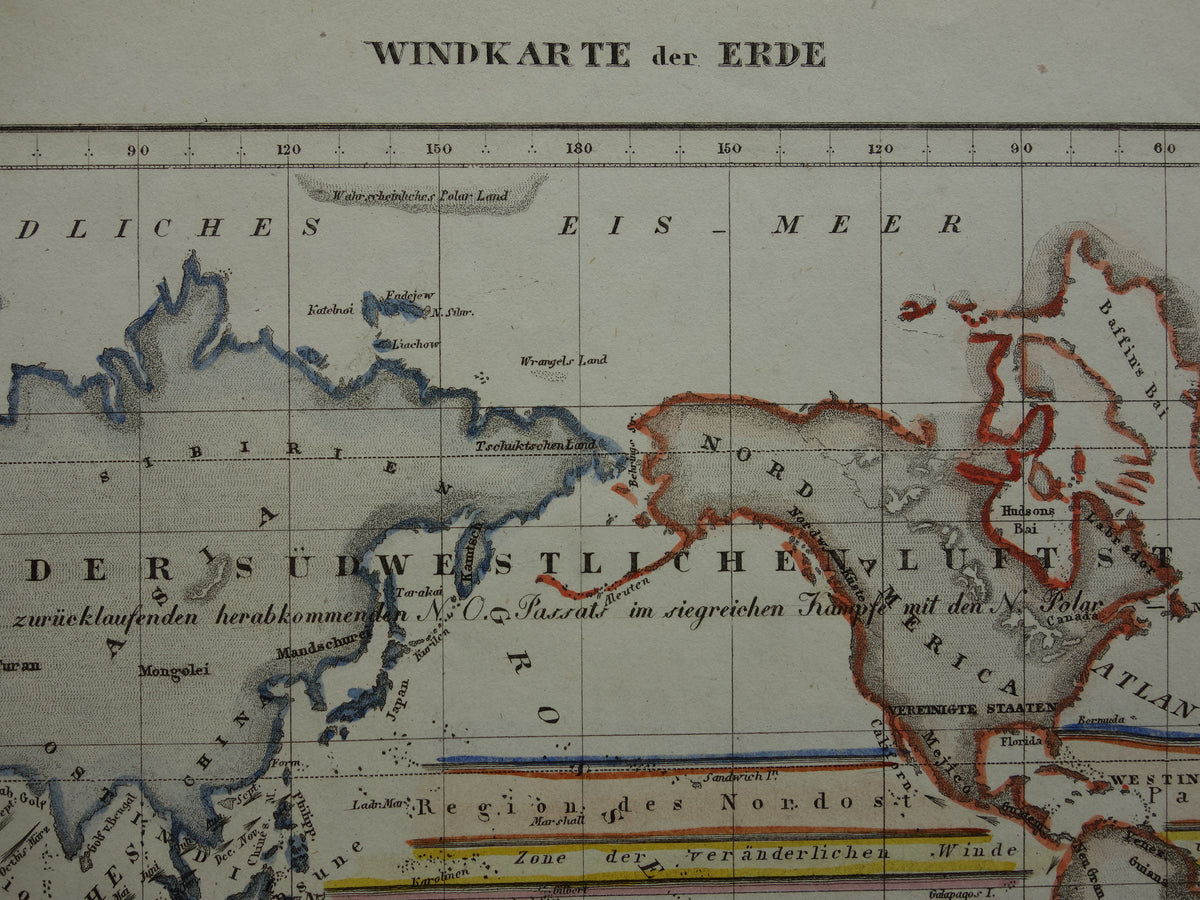 Historical world map air currents 1850 original antique map meteorology wind wind direction map world
