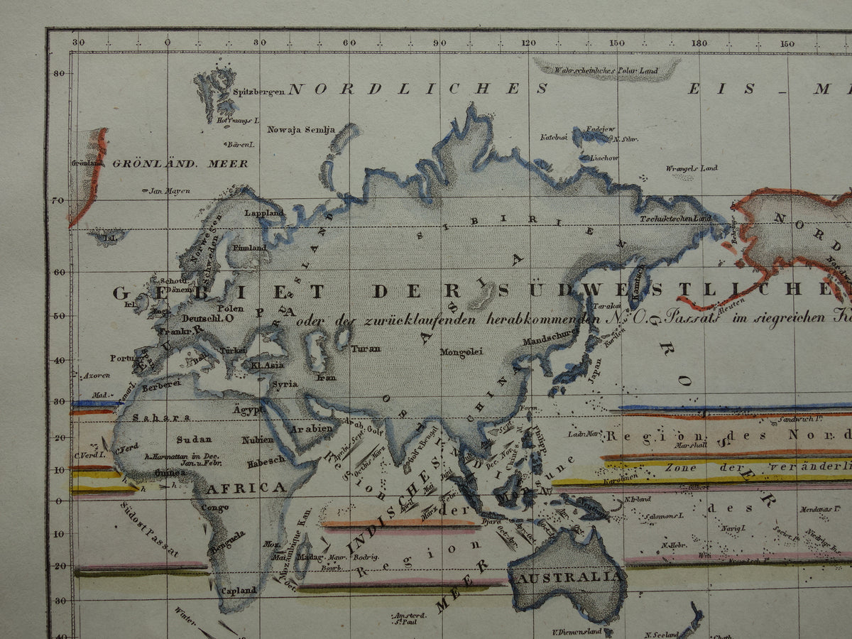 Historical world map air currents 1850 original antique map meteorology wind wind direction map world