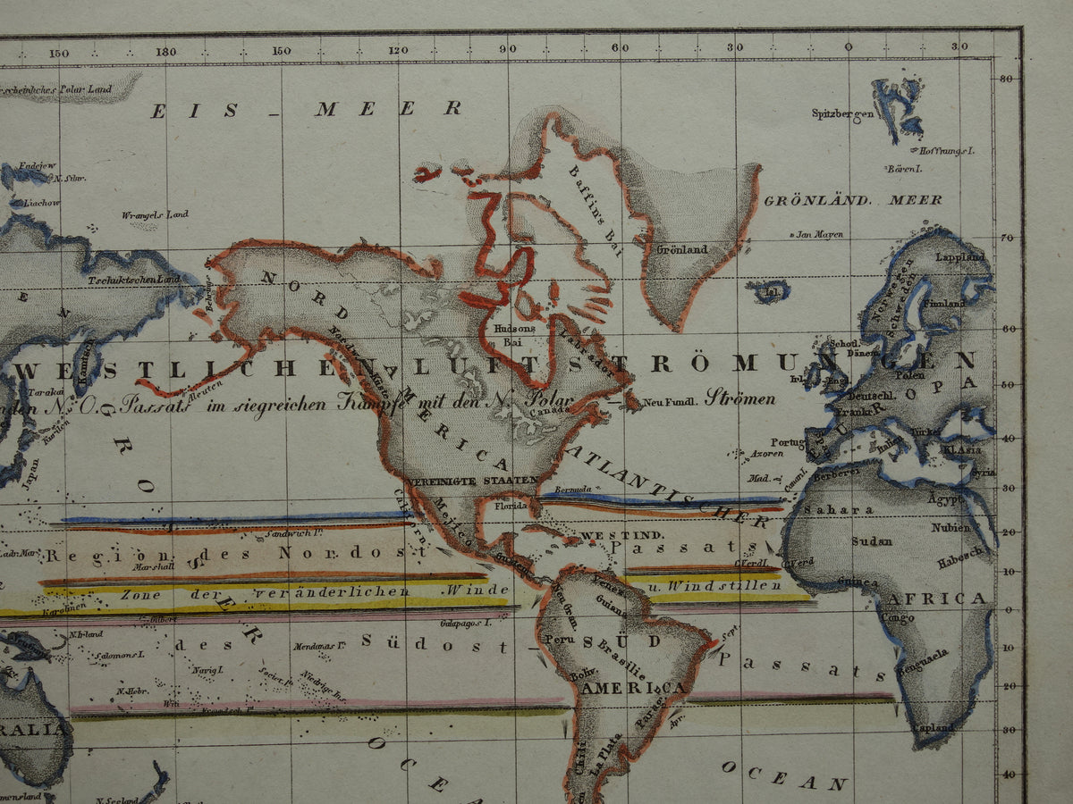 Historical world map air currents 1850 original antique map meteorology wind wind direction map world