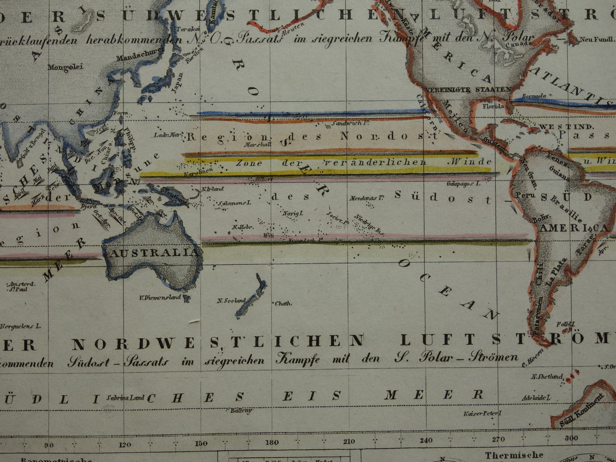 Historical world map air currents 1850 original antique map meteorology wind wind direction map world