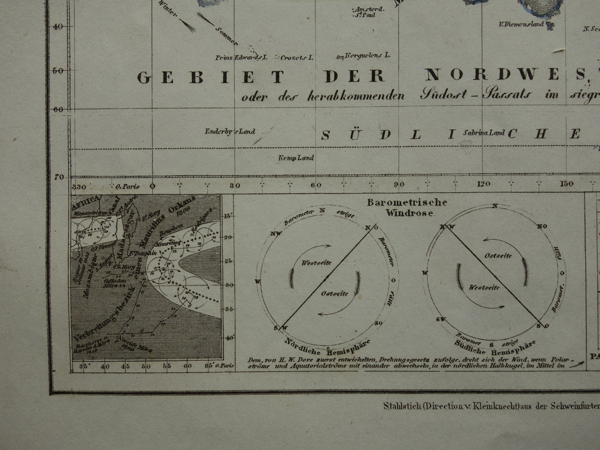 Historical world map air currents 1850 original antique map meteorology wind wind direction map world