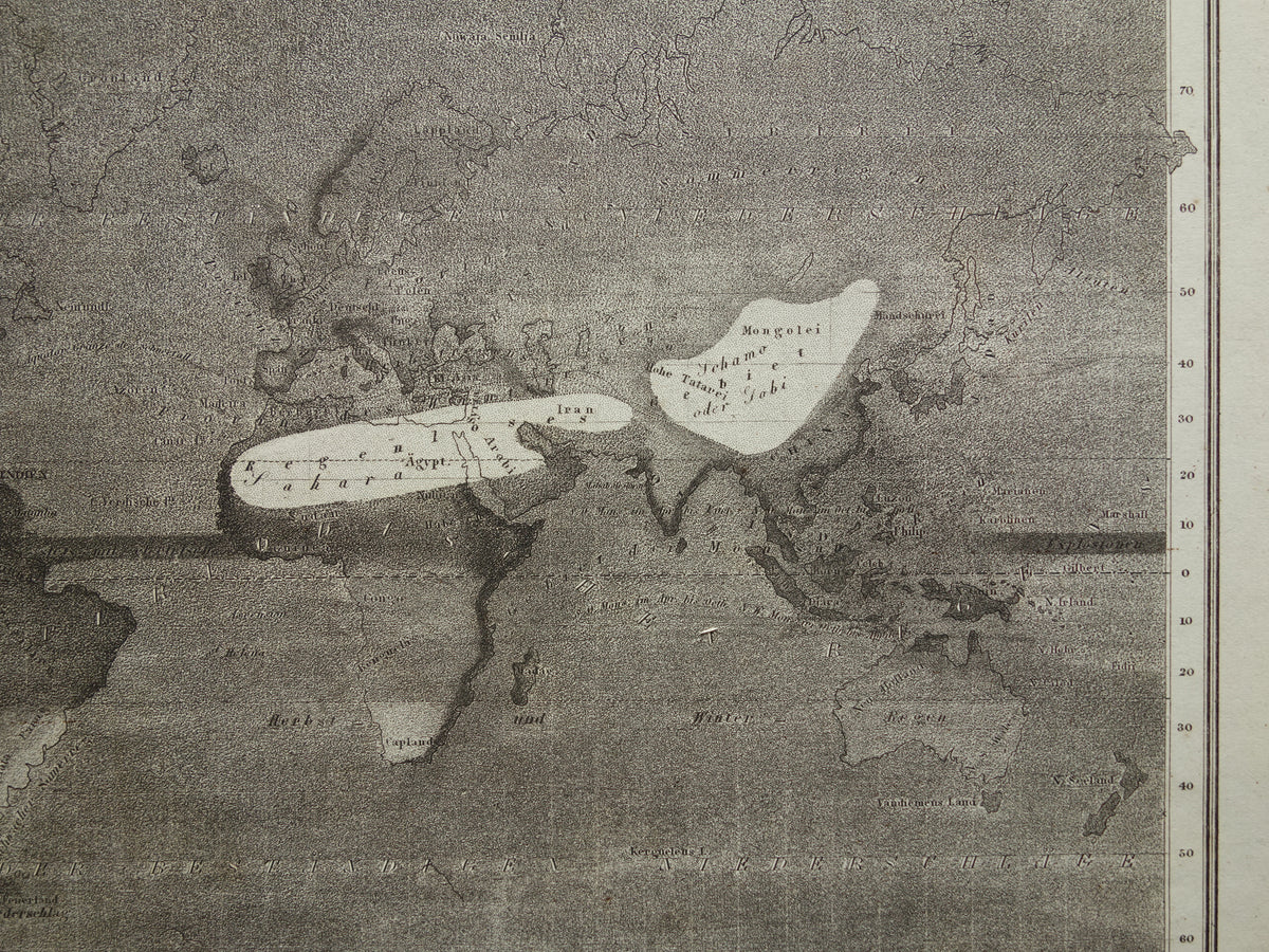 Old map of the world rainfall / precipitation 1850 original antique world map meteorology climate
