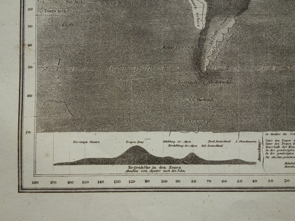 Old map of the world rainfall / precipitation 1850 original antique world map meteorology climate