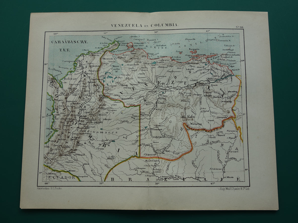 Venezuela en Colombia oude landkaart originele antieke Kuyper kaart uit 1882 vintage kaarten
