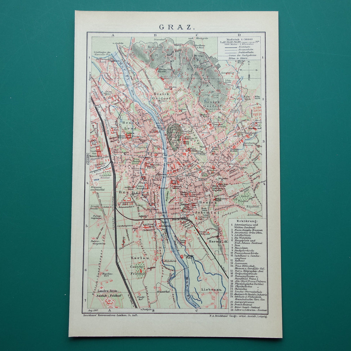 GRAZ oude plattegrond van Graz Oostenrijk uit 1907 - originele kleine vintage historische kaart met jaartal