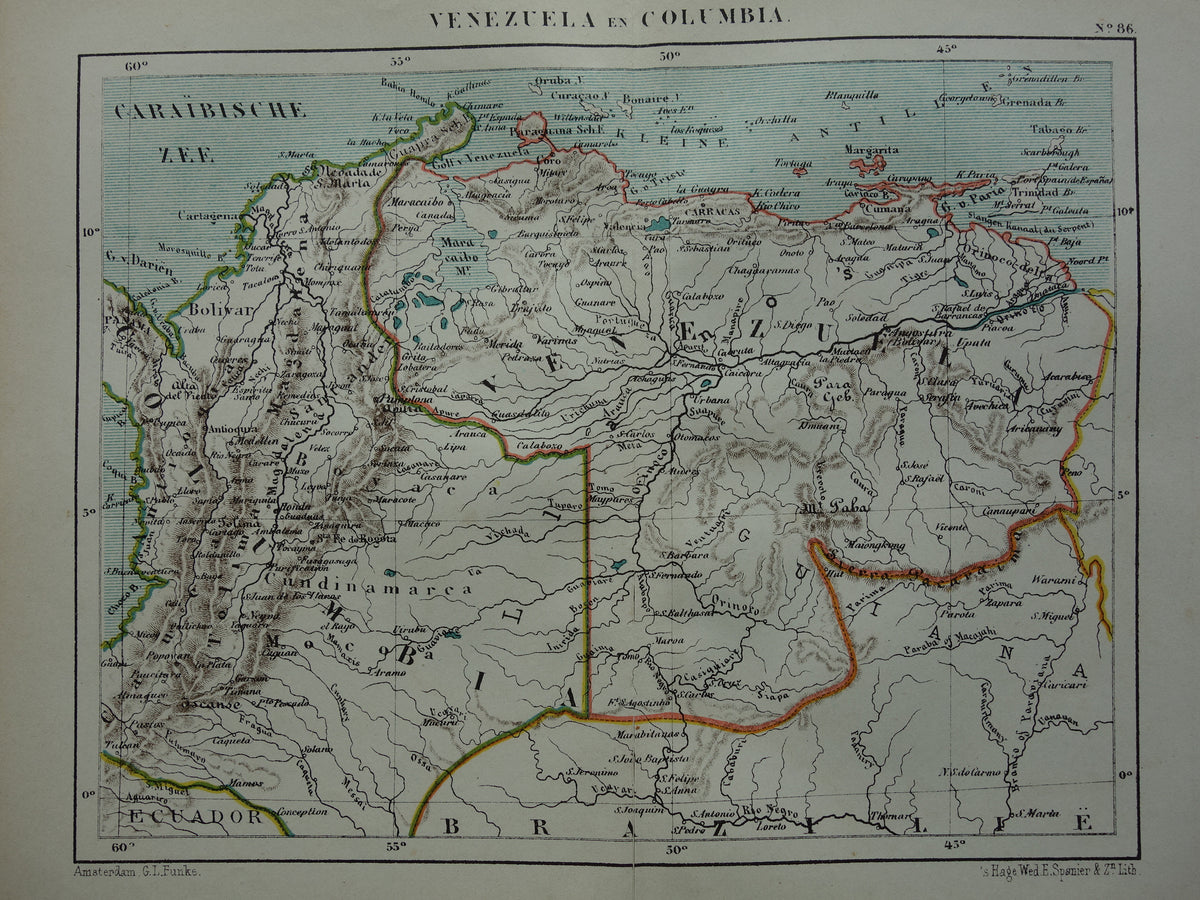 Venezuela and Colombia old map original antique Kuyper map from 1882 vintage maps