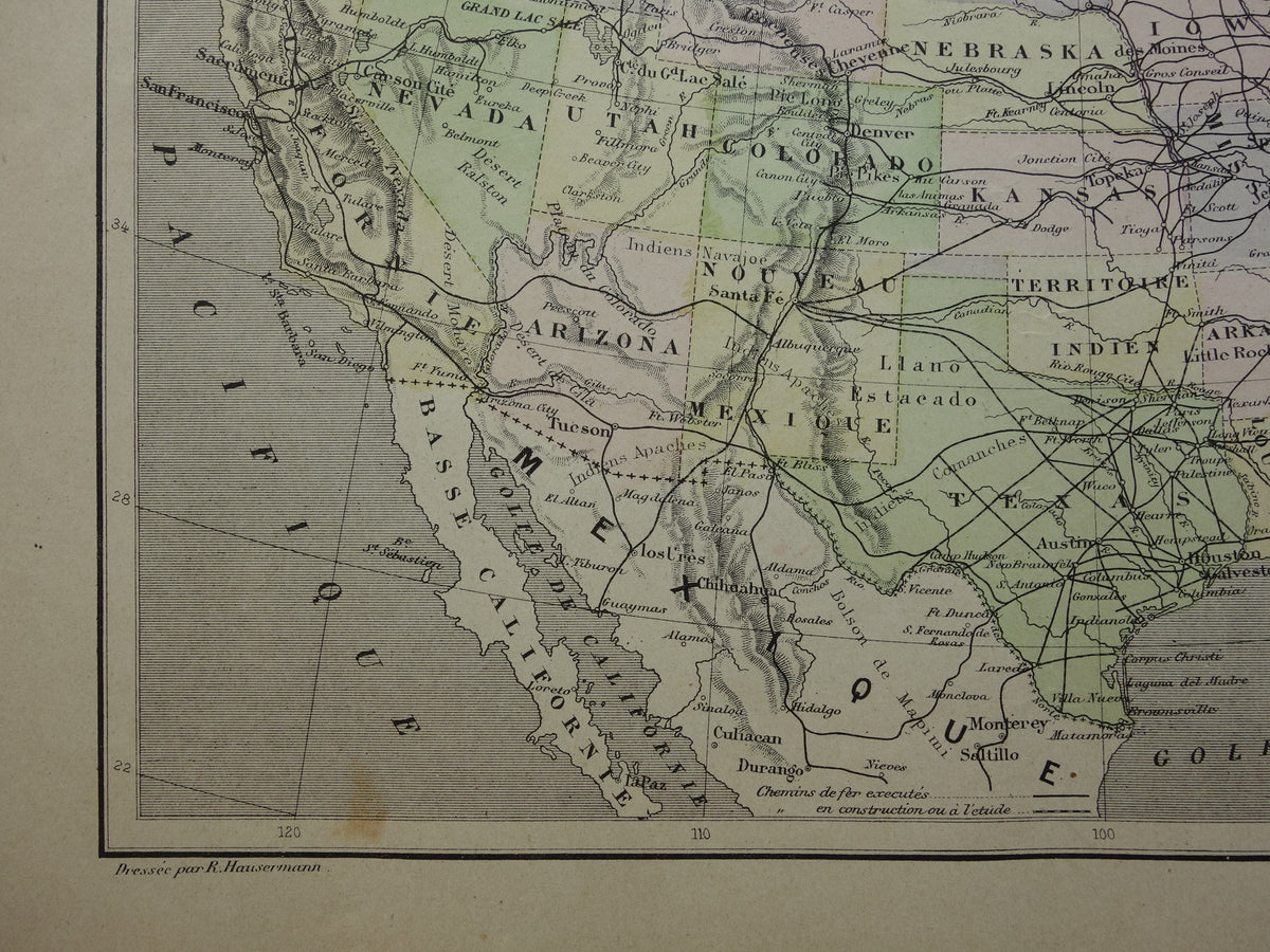 UNITED STATES Old map USA with railroads Original antique map railroad lines