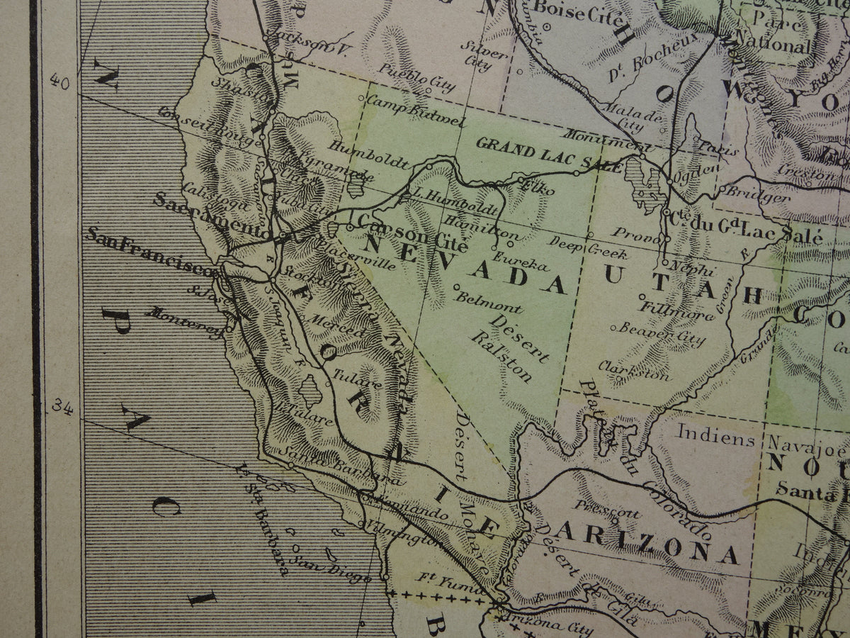 UNITED STATES Old map USA with railroads Original antique map railroad lines