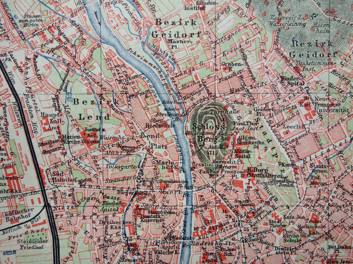 GRAZ old map of Graz Austria from 1907 - original small vintage historical map with year