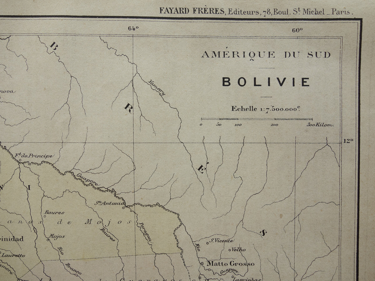 Bolivia old map from 1896 original antique French map