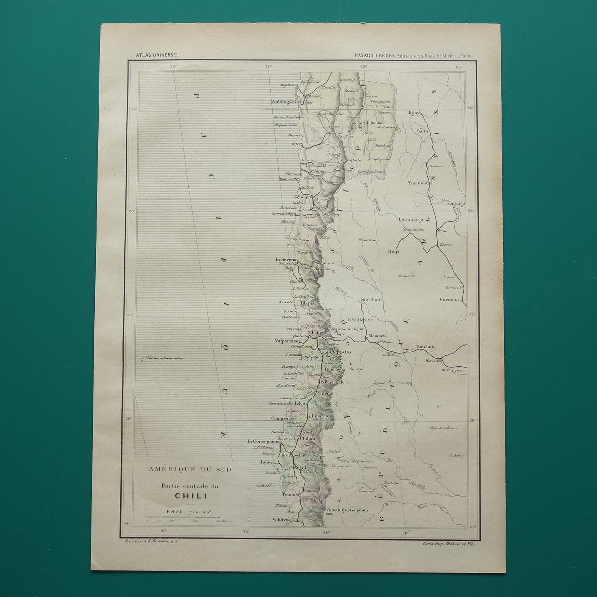 CHILI oude landkaart uit 1896 originele antieke Franse kaart van Chili