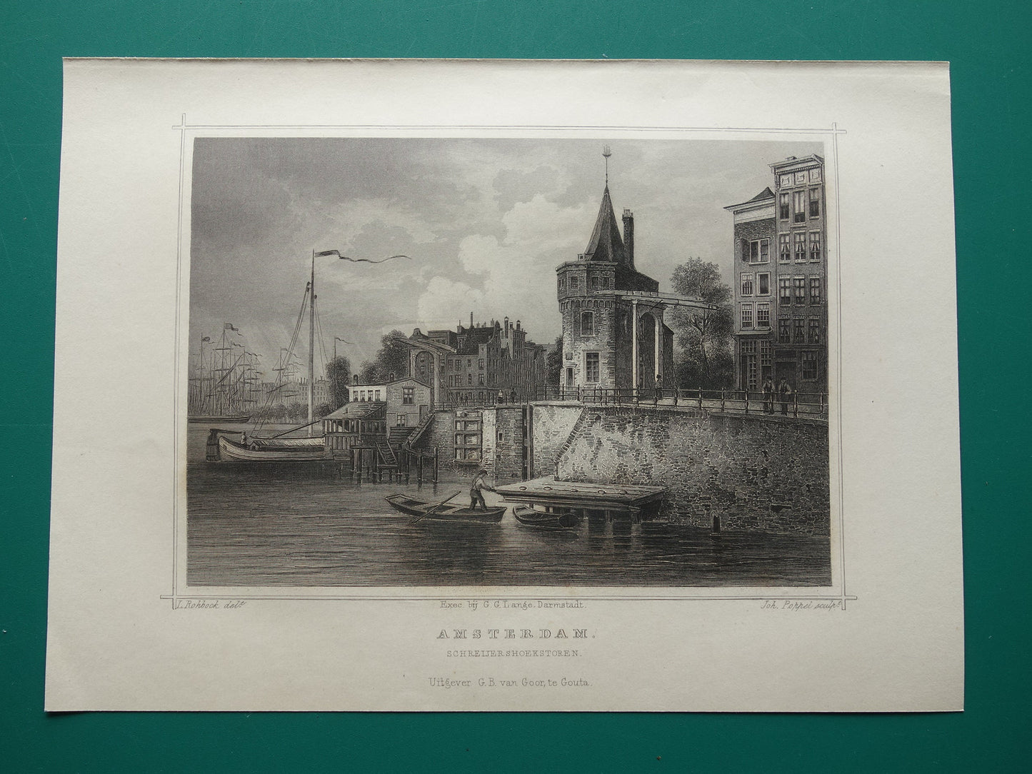 Schreierstoren oude gravure Originele antieke prent uit 1858 Amsterdam. Schreijershoekstoren illustratie Terwen Koningrijk der Nederlanden