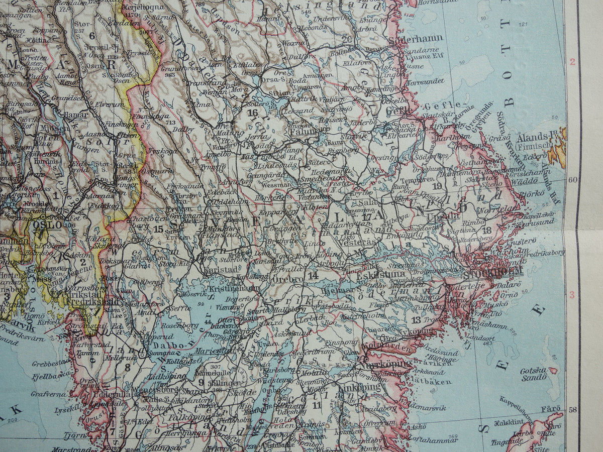 Old map of Sweden and Norway from 1928 original vintage map Stockholm Oslo