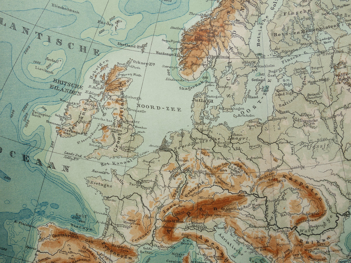 EUROPE Old height map of Europe from 1916 original Dutch antique vintage map Mountains Rivers Geology map