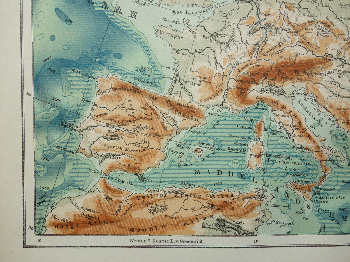 EUROPE Old height map of Europe from 1916 original Dutch antique vintage map Mountains Rivers Geology map