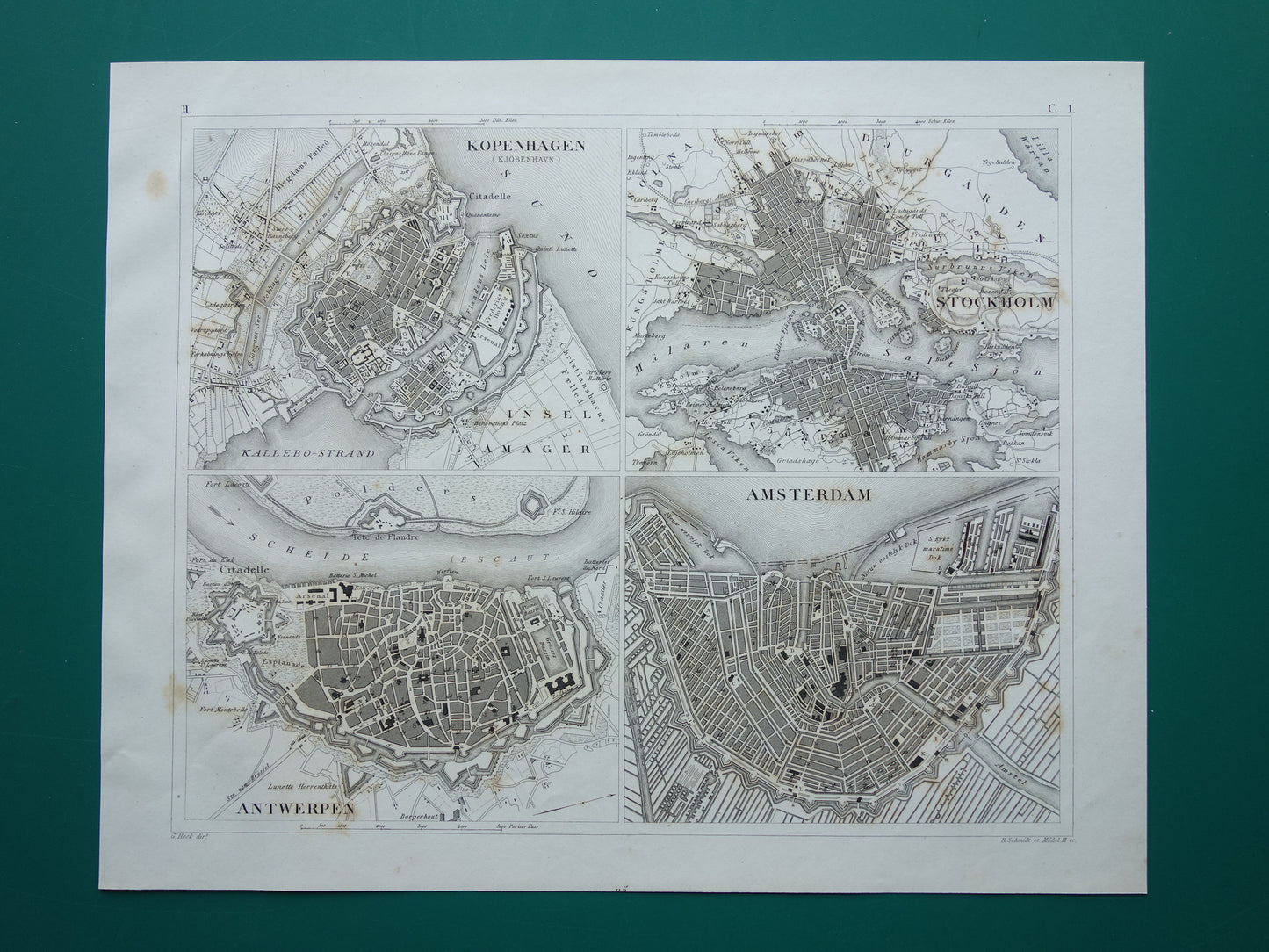 Amsterdam Antwerp Stockholm Copenhagen antique map 175+ year old map with city plans of European cities from 1849 - original vintage historical maps