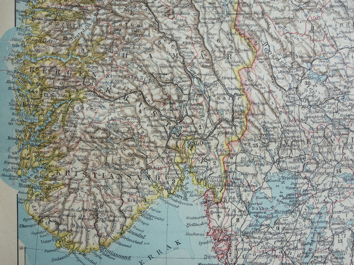 Old map of Sweden and Norway from 1928 original vintage map Stockholm Oslo