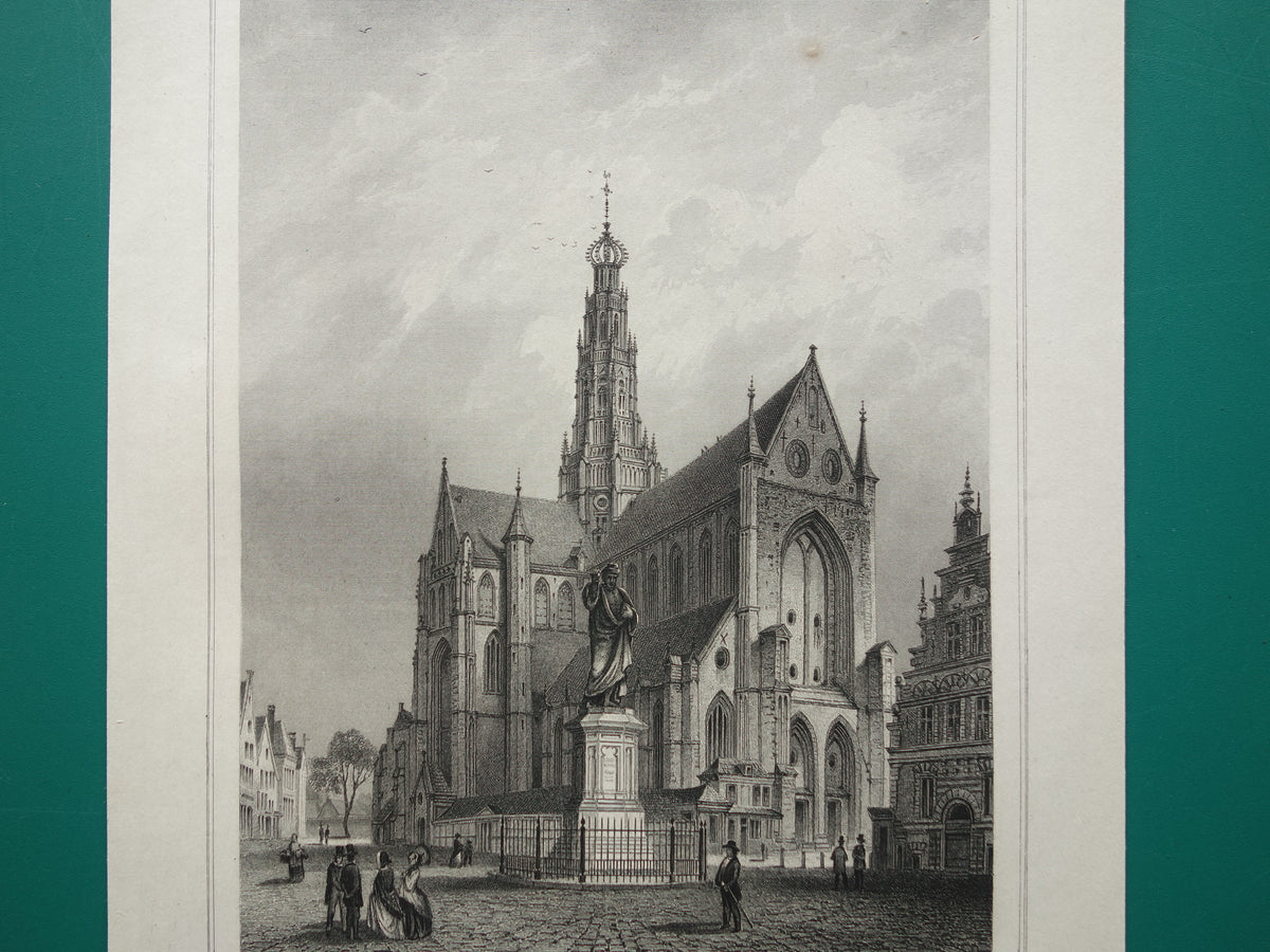 Haarlem Oude prent Grote Kerk uit 1858 Originele antieke gravure Sint-Bavokerk Terwen Koningrijk der Nederlanden standbeeld Coster