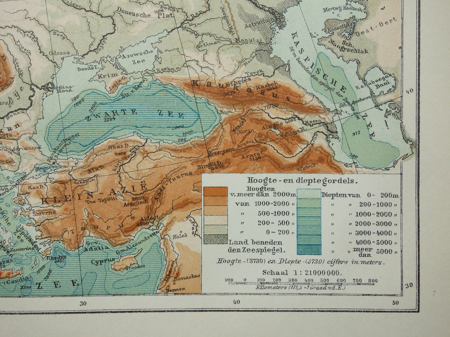 EUROPA Oude hoogtekaart van Europa uit 1916 originele Nederlandse antieke vintage kaart Bergen Rivieren Geologie landkaart