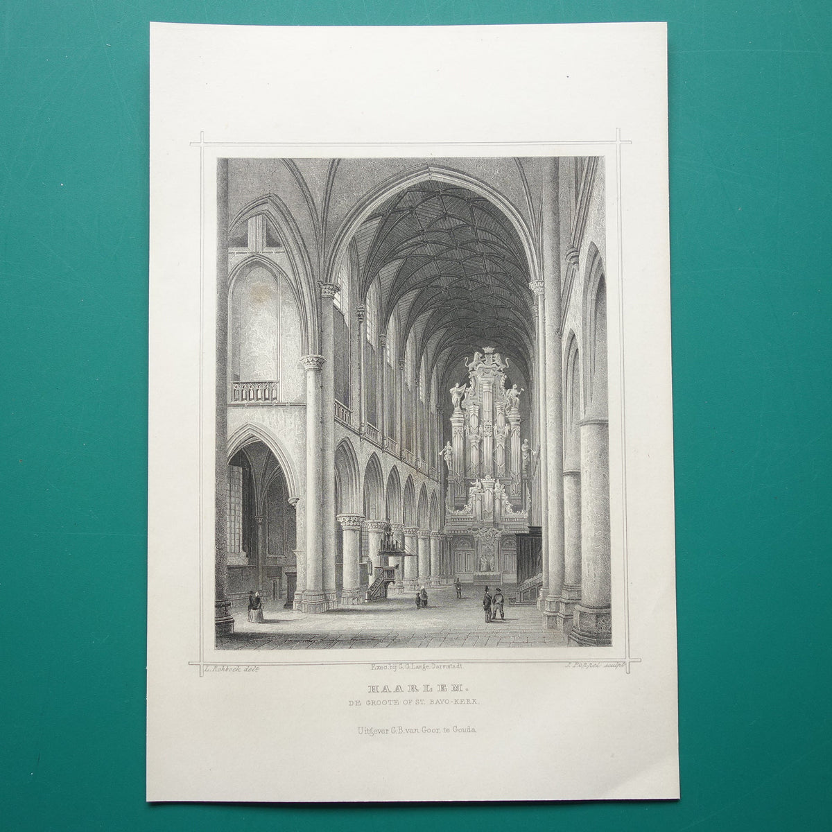Haarlem Oude prent Interieur Grote Kerk uit 1858 Originele antieke gravure Sint-Bavokerk Terwen Koningrijk der Nederlanden De Groote of St Bavo-Kerk