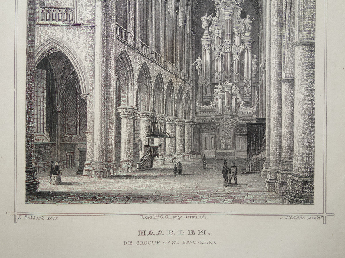 Haarlem Oude prent Interieur Grote Kerk uit 1858 Originele antieke gravure Sint-Bavokerk Terwen Koningrijk der Nederlanden De Groote of St Bavo-Kerk