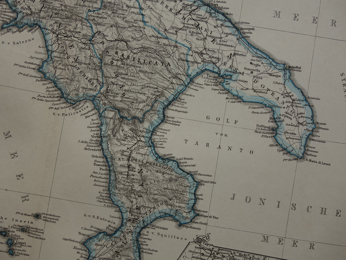 ITALIË antieke kaart van Zuid-Italië Sicilië Napels Palermo originele 135+ jaar oude landkaart van Zuid-Italië