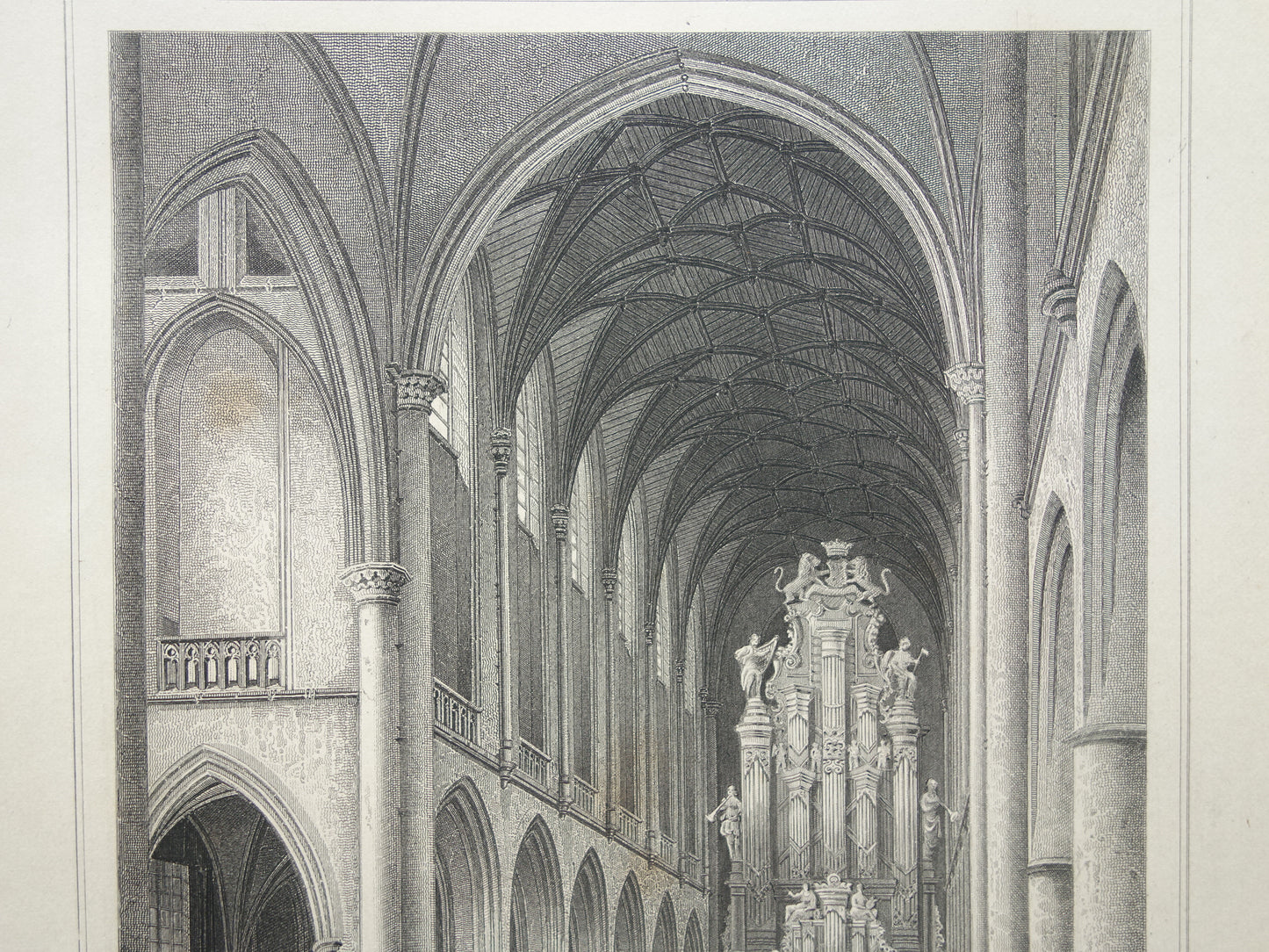 Haarlem Oude prent Interieur Grote Kerk uit 1858 Originele antieke gravure Sint-Bavokerk Terwen Koningrijk der Nederlanden De Groote of St Bavo-Kerk
