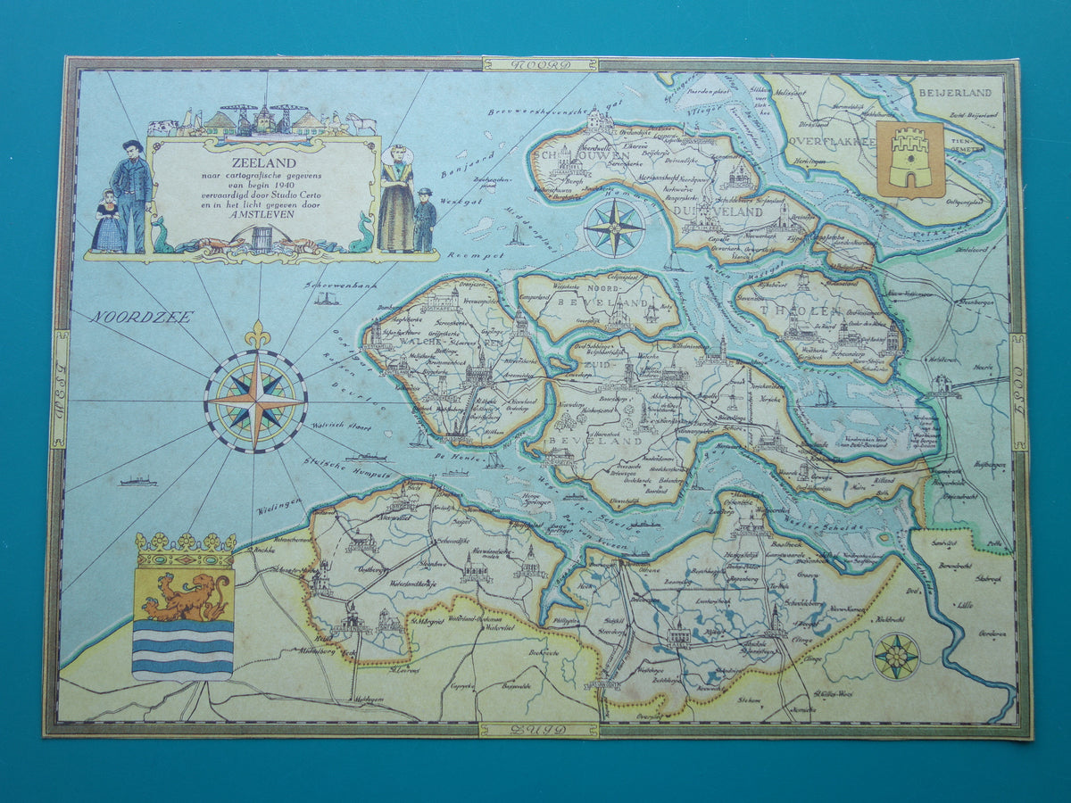 ZEELAND Oude kaart van de provincie Zeeland uit 1947 Vintage historische landkaart