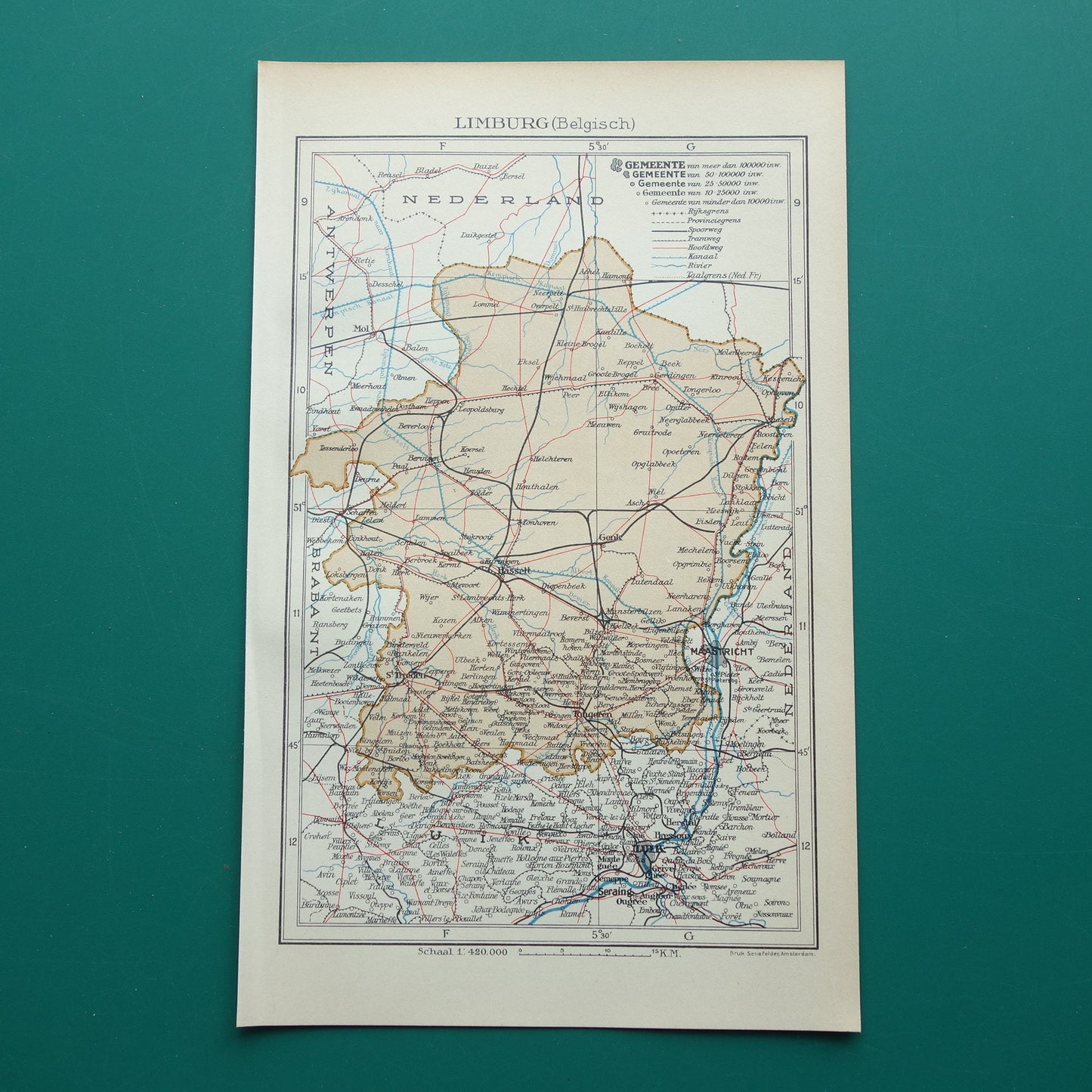 LIMBURG Alte Karte der belgischen Provinz Limburg aus dem Jahr 1936 Originale niederländische Vintage-Karte