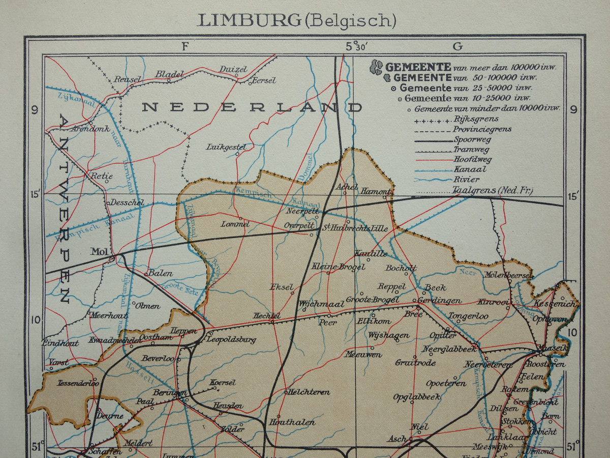 LIMBURG Alte Karte der belgischen Provinz Limburg aus dem Jahr 1936 Originale niederländische Vintage-Karte
