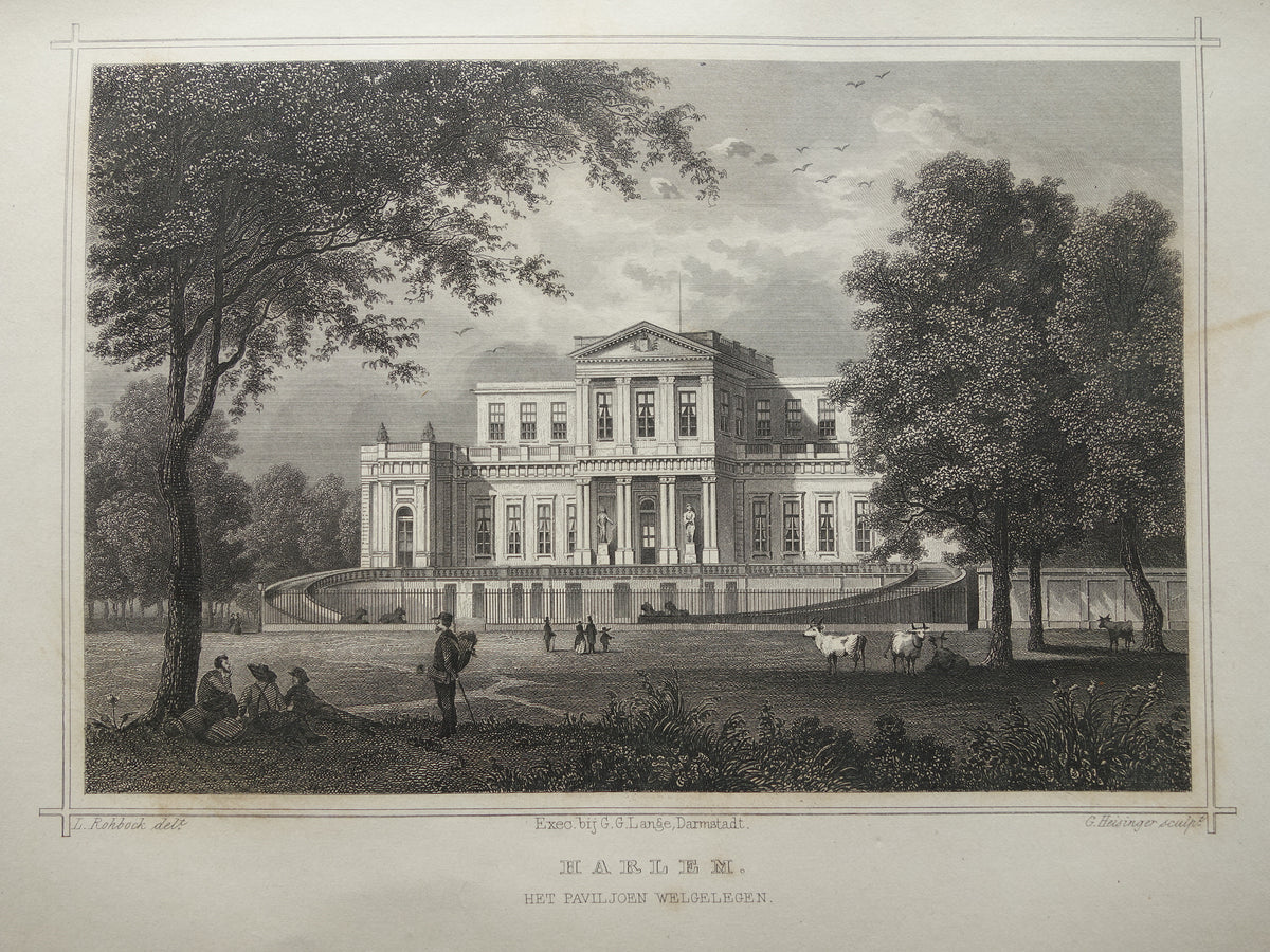 Het Paviljoen Welgelegen Haarlem Oude prent uit 1858 Originele antieke gravure Terwen Koningrijk der Nederlanden Villa Harlem Provinciehuis Noord-Holland