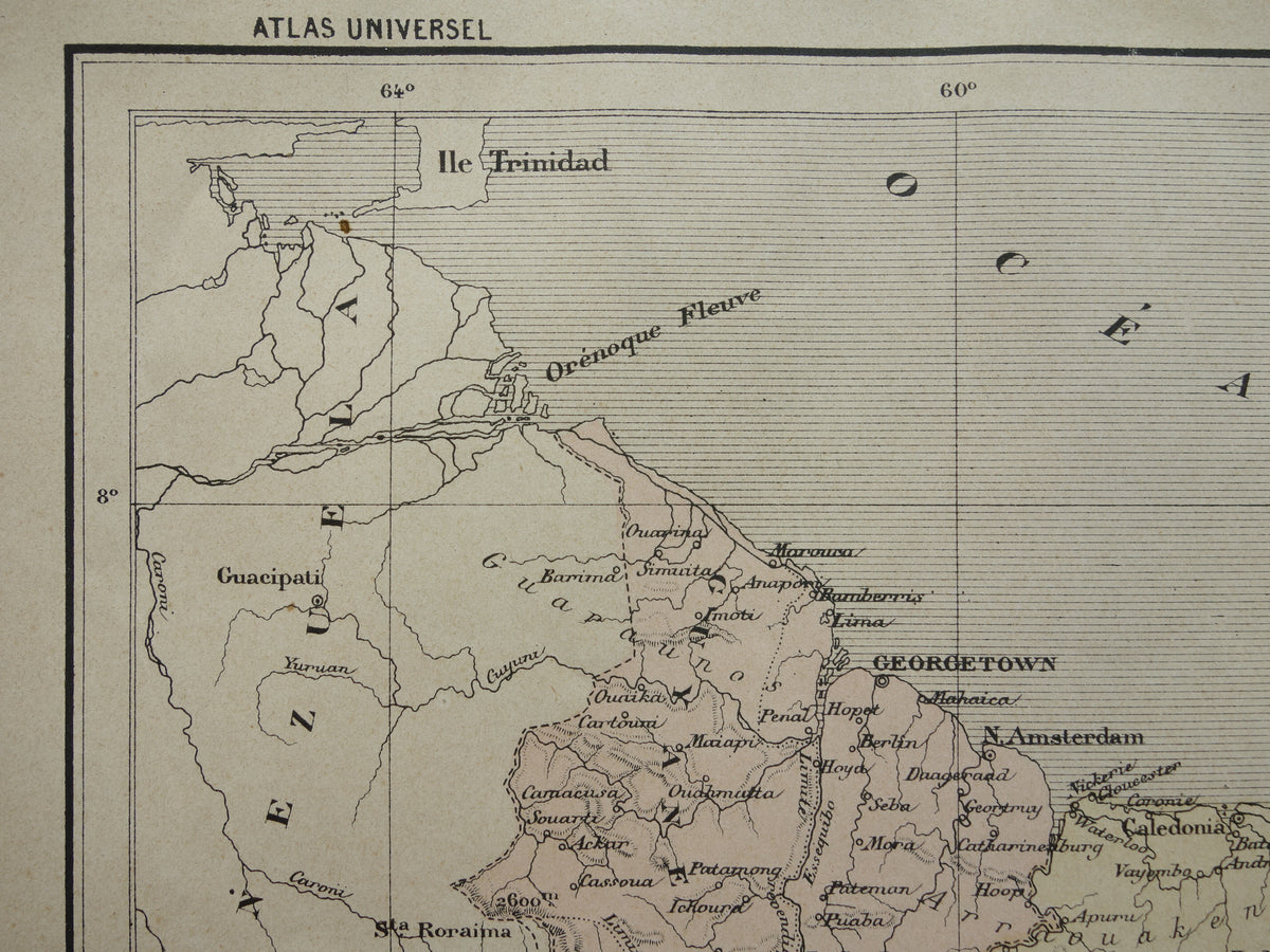 Suriname & Guyana oude landkaart uit 1896 originele antieke Franse kaart van Frans-Guyana Guyana en Suriname