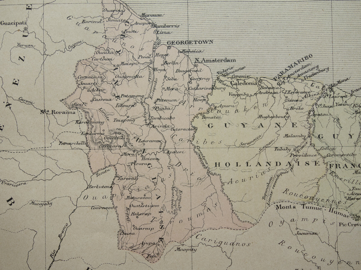 Suriname & Guyana oude landkaart uit 1896 originele antieke Franse kaart van Frans-Guyana Guyana en Suriname