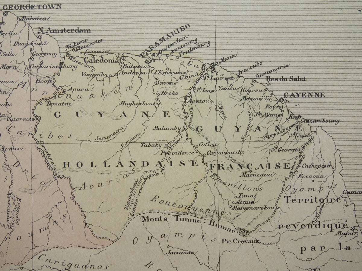 Suriname & Guyana oude landkaart uit 1896 originele antieke Franse kaart van Frans-Guyana Guyana en Suriname