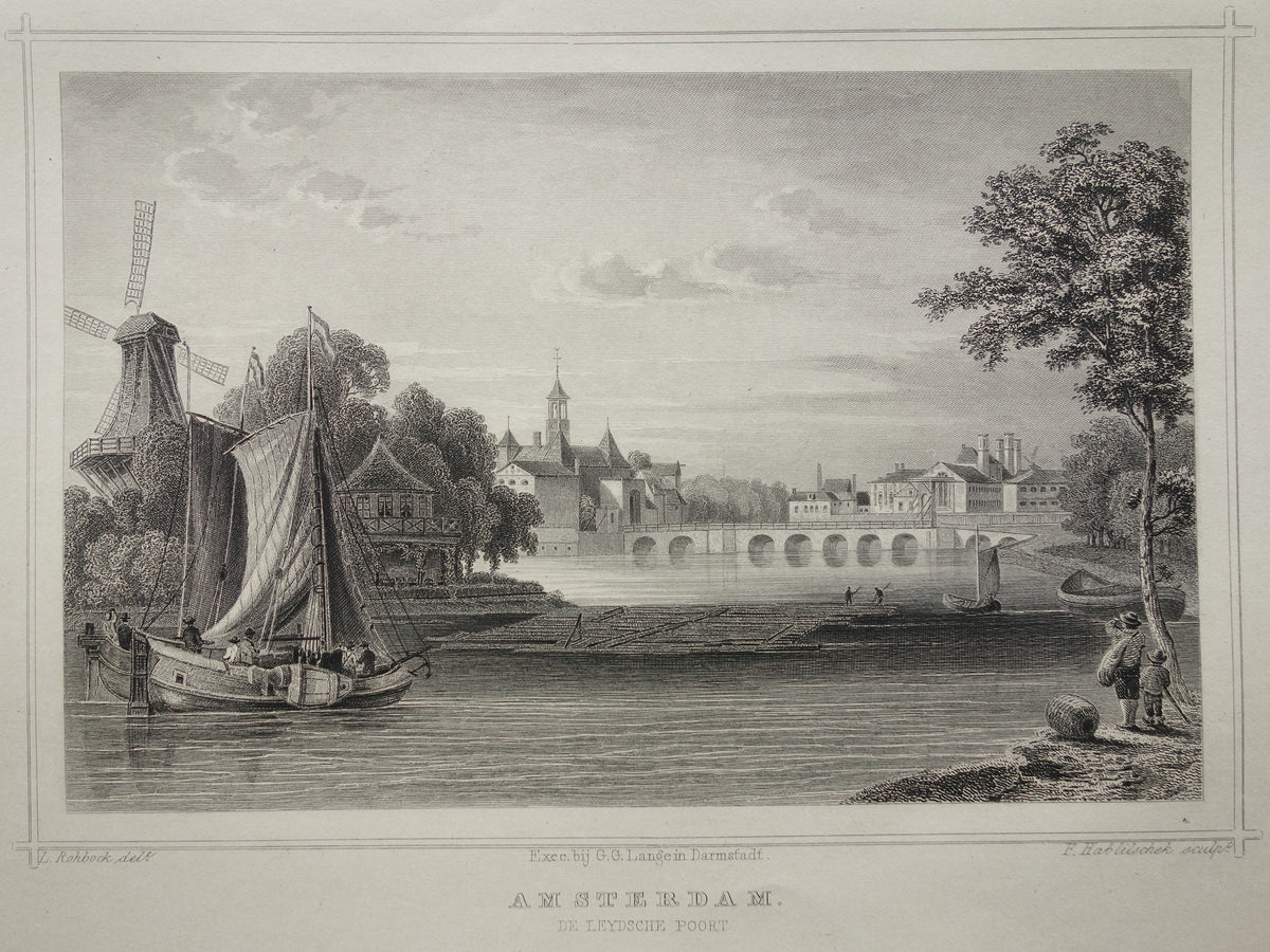 Leidsepoort oude prent Amsterdam Leidseplein Originele antieke gravure uit 1858 historische illustratie Terwen Koningrijk der Nederlanden Amsterdam. De Leydschepoort