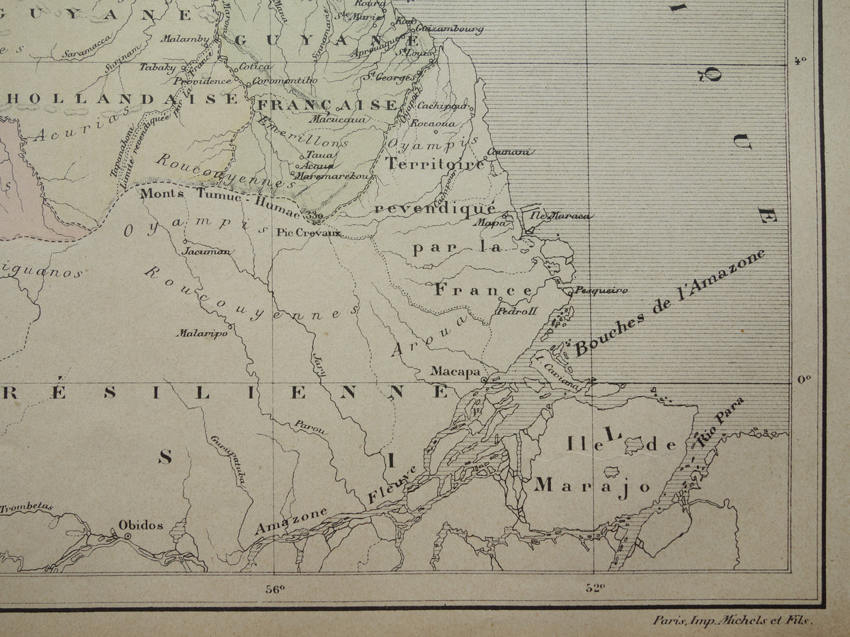 Suriname & Guyana oude landkaart uit 1896 originele antieke Franse kaart van Frans-Guyana Guyana en Suriname