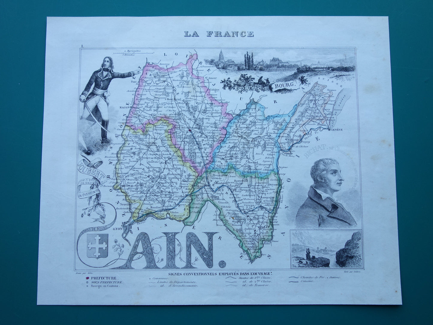 Oude kaart van AIN departement in Frankrijk uit 1856 originele antieke handgekleurde landkaart Bourg Belley Nantua Trevoux