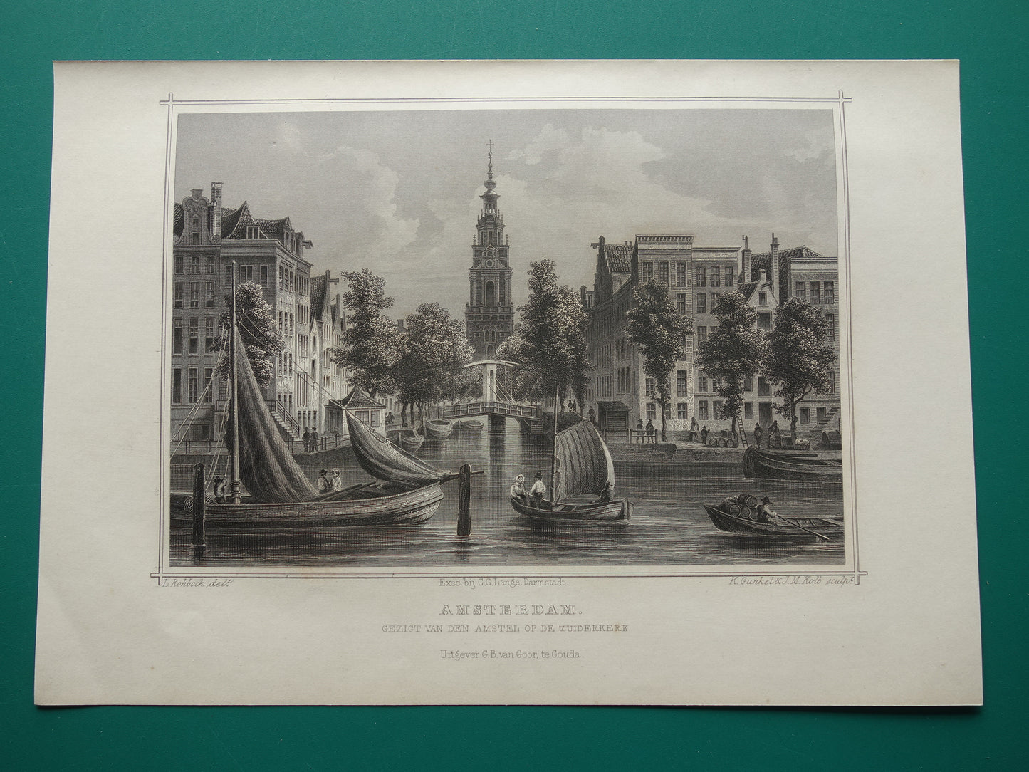 Zuiderkerk Amsterdam antieke illustratie uit 1858 Originele oude prent gravure Terwen Koningrijk der Nederlanden Amsterdam gezicht van den amstel op de zuiderkerk