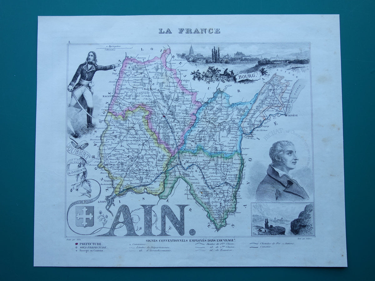 Oude kaart van AIN departement in Frankrijk uit 1856 originele antieke handgekleurde landkaart Bourg Belley Nantua Trevoux