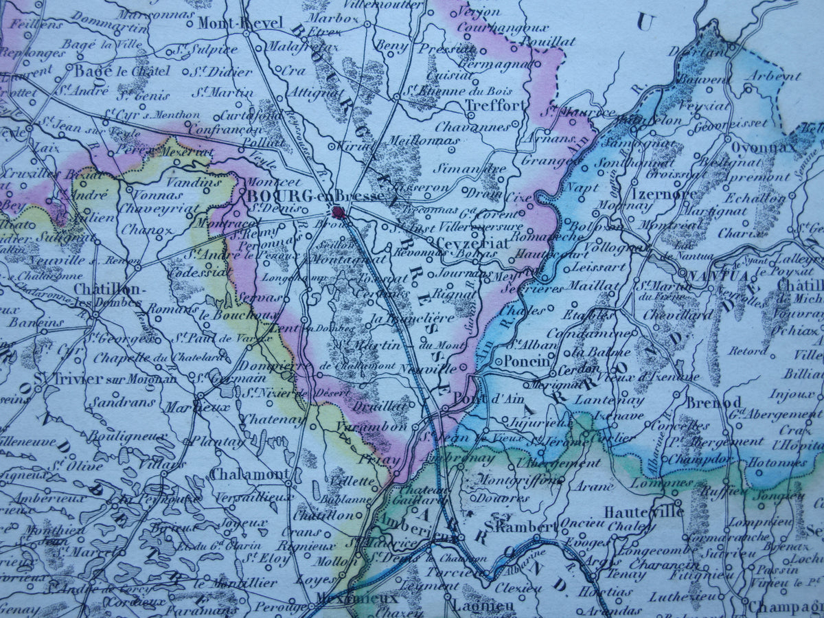 Oude kaart van AIN departement in Frankrijk uit 1856 originele antieke handgekleurde landkaart Bourg Belley Nantua Trevoux