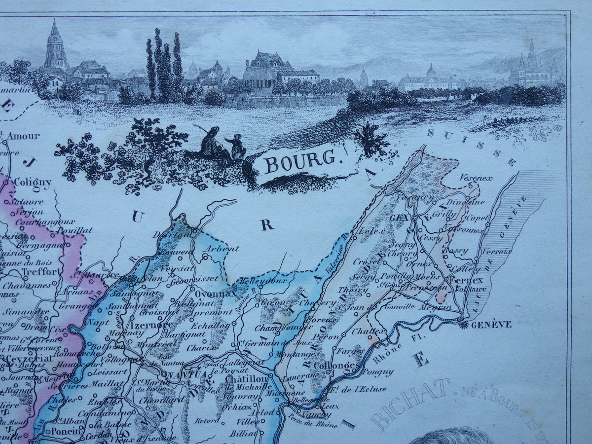 Oude kaart van AIN departement in Frankrijk uit 1856 originele antieke handgekleurde landkaart Bourg Belley Nantua Trevoux