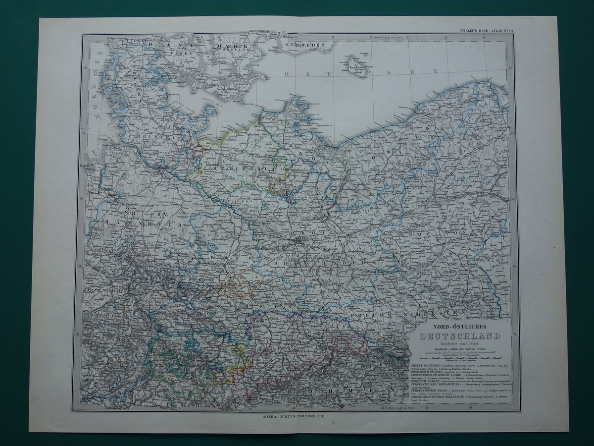 Germany old map of the province of Pomerania Brandenburg in 1878 Large original antique map Mecklenburg Poland Northern Germany