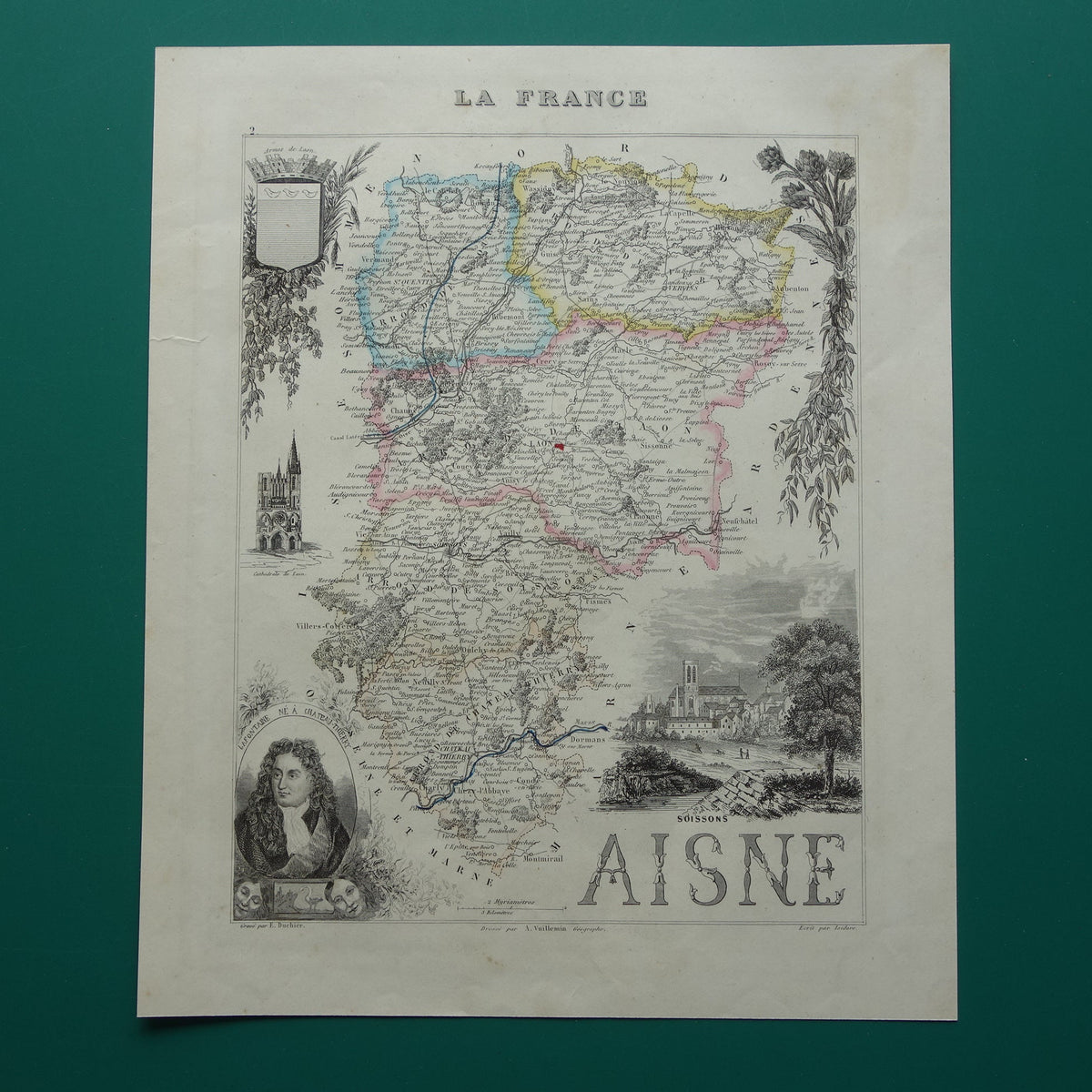 Oude kaart AISNE departement Frankrijk uit 1856 originele antieke handgekleurde landkaart Laon Soissons Saint-Quentin