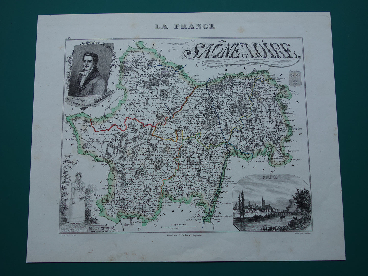 Antique map of Saône-et-Loire department in France from 1851 original old hand colored map Mâcon